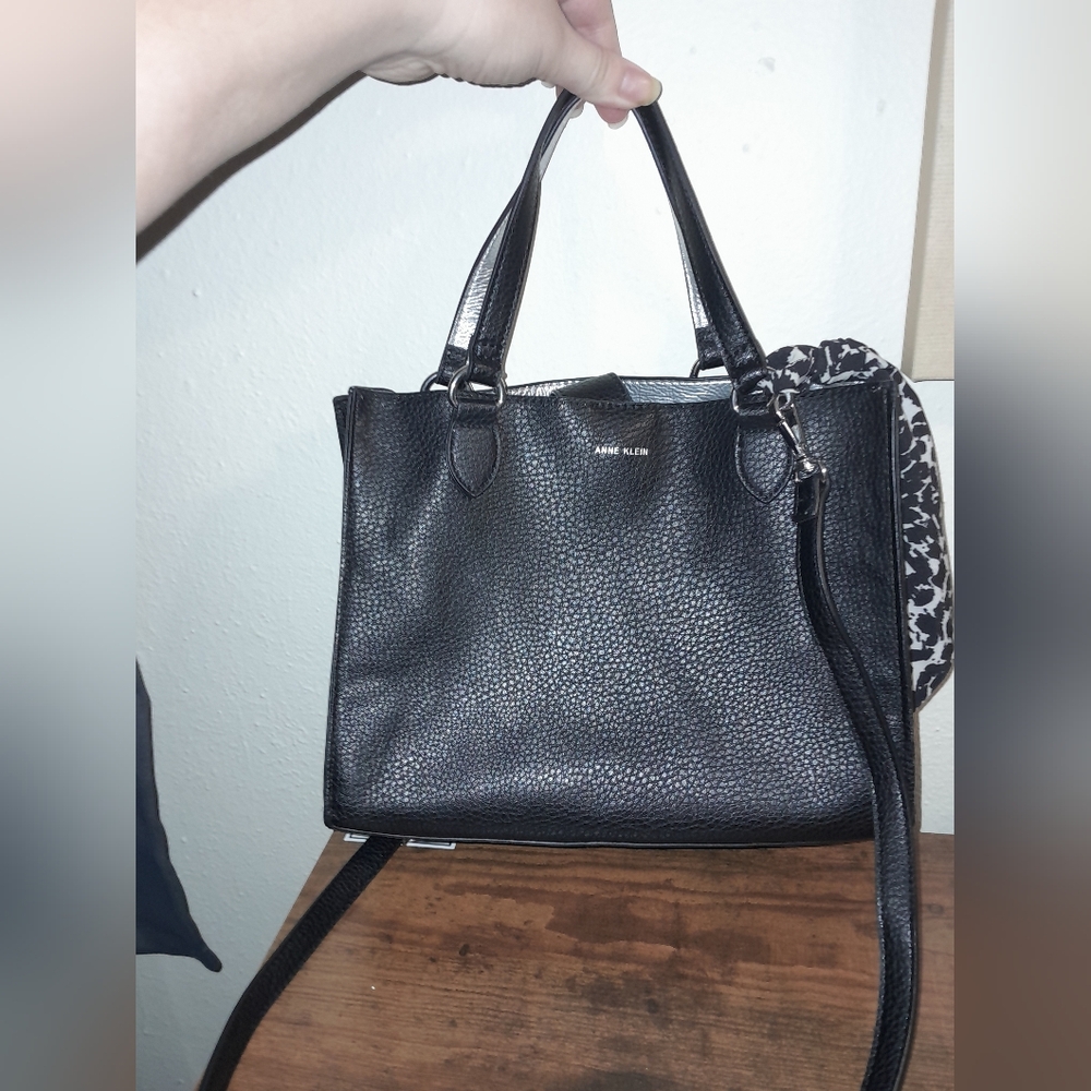 Anne Klein Black Boxy Handbag/ Crossbody Tote With Scarf